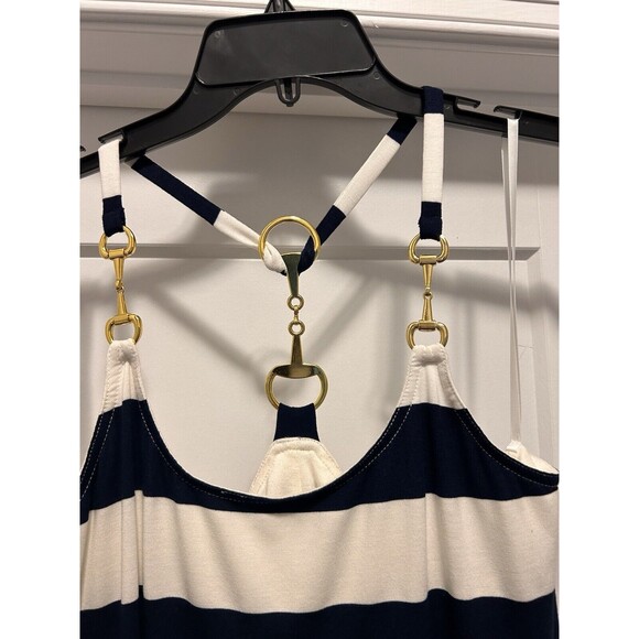 Julie Brown Knit Halter Dress Size Small Women's White Blue Striped Sleeveless - Picture 2 of 5